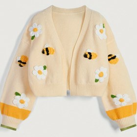 Resim TenGongchi Şık Arı & Çiçek Nakışlı Kardigan - Hardal Rengi Açık Ön Uzun Kollu Sonbahar/Kış Kazak, Orta Esneklikte Düz Kesim, Günlük veya Şık Giyimler İçin, Kadınlar için Klasik Kazak, Mevsimsel Katmanlama, Zarif İşlemeli, Kaliteli Dikiş, Stil Sahibi Katman Parçası, Sonbahar Gardırop 