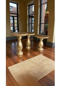 Resim Altın Varak Renk Ahşap Yan Sehpa 3 Lü Mantar Sehpa Seti Bej 