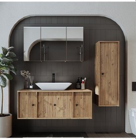 Resim Lavabolu Mdf 120 Cm Çekmeceli Banyo Dolabı + Aynalı Üst Dolabı Atlantik Çam 