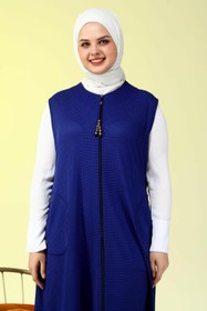 Resim Kadin Buyuk Beden Petek Kumaş Cepli Fermuarlı Düğmeli Yelek - Saks Mavisi / 3XL 