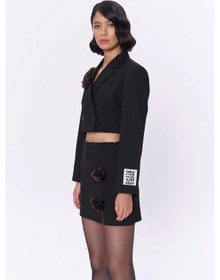 Resim Gül Detaylı Crop Ceket Siyah Siyah 