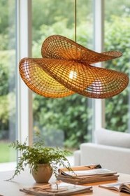 Resim El Yapımı Rustik Rattan Avize LUNA 60 Cm Çap | Doğal Kök Boya Vernikli Iskandinav Aydınlatma 