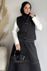 Resim Bisiklet Yaka Body Süet Yelek Etek Tesettür Üçlü Takım Siyah TZL-P-00020275 
