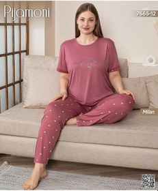 Resim Pijamoni Kadın Milan Büyük Beden Bisiklet Yaka Kısa Kol İnce Pijama Takımı 7665/12- 1 Adet Gülkurusu 