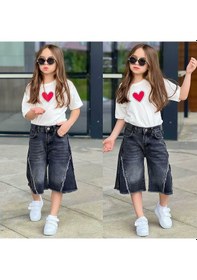 Resim Ay Kids Kız Çocuk Kalp Baskılı Oversize Tişört & Bol Paça Jean Kapri Kombin Takım 2689s Siyah 
