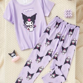 Resim Yanmaz Sanrio Kız Kısa Kollu Uzun Pantolon Yazlık Yuvarlak Yaka Sevimli Mor Kurumi Pijama Takımı 