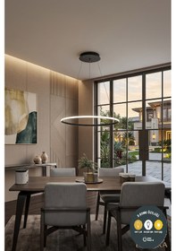 Resim Tekli Halka Siyah Led Sarkıt Avize 3 Renkli Modern Salon & Antre Aydınlatma 