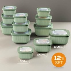 Resim 12'li 4x(600-1100-1800 Ml) Mikrodalga Ve Difrize Uygun Vip Kapaklı Özel Saklama Kabı Seti Yeşil 