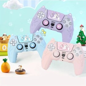 Resim Meridiangoods Sevimli Kedi Tasarımlı Ps5 Kumanda Kılıf Seti - Mor Yumuşak Kapak + 2 Joystick Kapağı 