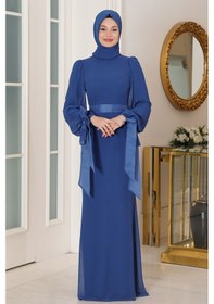 Resim Raika Moda Kol Detaylı Firuze Şifon Tesettür Abiye İndigo 