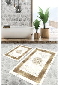 Resim Dijital Baskı Mermer Desen Kaymaz Taban 2li Set Banyo Paspası Klozet Takımı 50x60cm-60x100cm Gold 