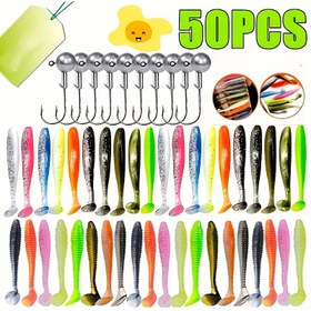 Resim Yeni 50 Adet/Kutu Yumuşak Balıkçılık Yemleri Seti, Silikon Yapay Solucan ve Crank Jig Başlı Kancalı Olta Takımı Aksesuarları 