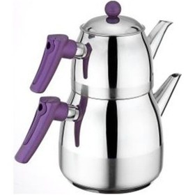 Resim Bonera Sultana Çelik Çaydanlık Takımı Orta Boy Mor Kulp Gri 