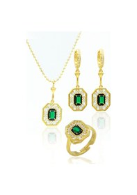 Resim Zümrüt Taşlı Sekizgen Model Gold Kaplama 925 Ayar Gümüş Üçlü Set 201024003 Gold 