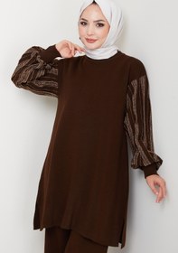 Resim FATELLA Kadın Salaş Model Kolu Desenli Tesettür Kahverengi Triko Tunik 