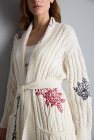 Resim Renkli Nakış Detaylı Ekru Maxi Triko Hırka 