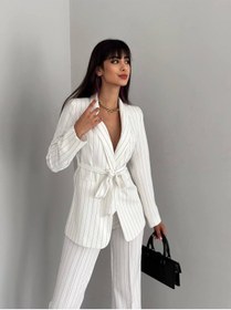 Resim han fashion Kadın Blazer Ceket Pantolon Takım Çizgili Beyaz Şal Yaka Kemerli 