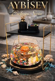 Resim Reyo OK-AY Store Düz Raflı Işıklı Lüks Cam Fanus İçinde Beta Balığı İçin Özel Tasarım Masa Üstü Dekoratif Akvaryum Gold-Siyah 