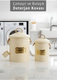 Resim 2'li Set Deterjan Kovası Çamaşır Bulaşık Kutusu Ölçekli Galvaniz Metal Krem Krem 