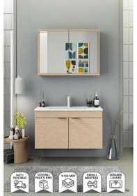 Resim Biani Fix Loft 100 Cm Banyo Dolabı,Seramik Lavabolu, Aynalı,Lavabo Dahil,Mdf,Aybe Bej 