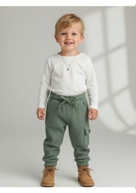 Resim Zekids Erkek Çocuk Beli Lastikli Dokulu Kargo Pantolon-15728 Yeşil 