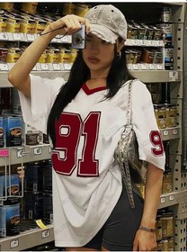 Resim Jklvzoe 2025 Yaz Retro No. 91 Baskılı Kadın V Yaka Spor Tişört Y2k Büyük Boybej Bej 