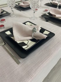 Resim Keten Görünümlü Begonvil Simli Masa Örtüsü Pudra Pembe 25 Parça Set 