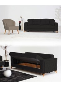 Resim Nola Koltuk Takımı 3+1 & Bazalı Yataklı Koltuk & Kanepe - Keten Latte-siyah 