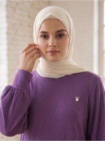 Resim tuvadi Kadın Mor Saç Örgü Tunik - Tesettür Tunik - Mürdüm, Broş Detaylı, Rahat Kalıp 