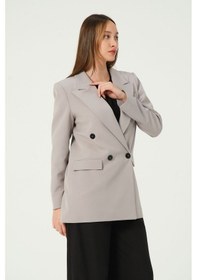 Resim Gri Regular Astarlı Kruvaze Kapama Dokuma Blazer Ceket 001 
