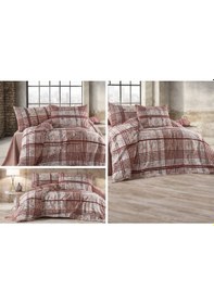 Resim Vionetta Pamuklu Lastikli Çarşaflı 4 Yastıklı Tek Kişilik Nevresim Takımı Açık Kırmızı 