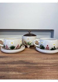 Resim Kırmızı Des Papatya El Yapımı Seramk Fincan,kupa Seti Ve Şekerlik 