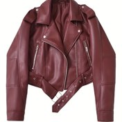 Resim Kadınların Kırmızı Suni Deri Moto Ceketi - Retro Amerikan Tarzı Uzun Kollu Fermuarlı Önü Ayarlanabilir Kemerli, Kadınlar için Rahat Bahar / Sonbahar Dış Giyim 