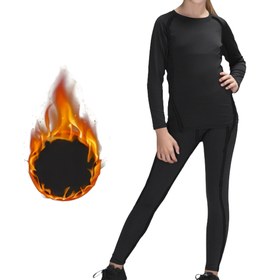 Resim Gençler için Sonbahar/Kış Termal İç Giyim Seti - Rahat Polar Astarlı Uzun Kollu Üst & Tayt, Neon Yeşil Vurgularlı Esnek Spor Taban Katmanı, Makinede Yıkanabilir 