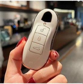 Resim Porsche Uyumlu Cayenne Panamera Macan Anahtar Kılıfı Beyaz Gold Renk 