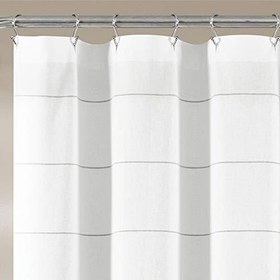 Resim Lush Decor Beyaz Dokuma Pamuk Duş Perdesi Gri Çizgili ve Püsküllü Saçaklı, Banyo Aksesuarları (182,88 cm x 182,88 cm) 