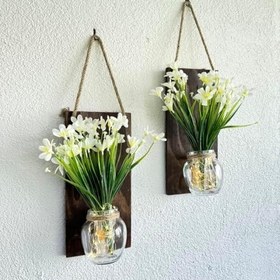 Resim Led Işıklı, Beyaz Nergis Çiçekli Duvar Dekoru İkili Set (Ceviz) 