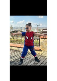 Resim Erkek Çocuk Spiderman Baskılı Kapşonlu Çantalı Üçlü Takım Mavi 