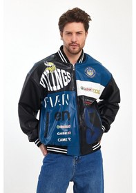 Resim Erkek Oversize Baskılı Deri Motorcu Montu Fermuarlı Yarışçı Ceket Astarlı Bomber Kolej Mont Mavi 