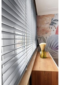 Resim Gri Renk Gerçek Ahşap Jaluzi 50mm Zincirli Redüktörlü Kurdelalı Ajs1004 Gri 