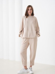 Resim MAMAYAGA Kadın Oversize Kapüşonlu Sweatshirt Pileli Tasarım Pantolonlu Tesettüre Uygun Eşofman Takımı 