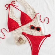 Resim Kadınlar için Kolyeli Yeni Minimalist Kırmızı Düz Renk Seksi Halter Boyun Bikini Seti 