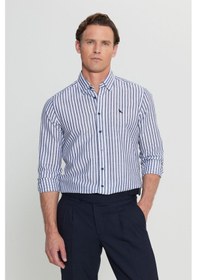Resim Erkek Lacı Keten Slim Fit Dar Kesim Gizli Düğmeli Yaka Çizgili Gömlek Lacı 
