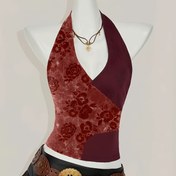 Resim Y2K Çiçek Desenli Halter Boyunlu Tank Top - Ayarlanabilir Fiyonk Detaylı, Bordo & Kahverengi Kadın Modası Üstü İlkbahar Yaz Sonbahar için, Makinede Yıkanabilir Orta Esneklik, Bayan Tank Topsu, Günlük Giyim, Kelebek Düğüm Tasarım, Esnek Kumaş, Altın Ton Donanımlı 