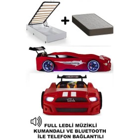 Resim Kırmızı Arabalı Yatak Sport Mst Full Ledli Kumandalı Baza Ortopedik Yatak 90x190 Cm 
