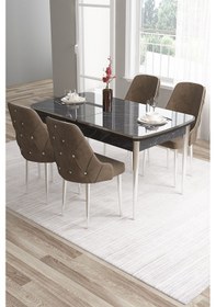 Resim Canisa Tia Serisi 80x132 Açılabilir Mdf Siyah Mermer Desen Krom Detay Masa Takımı Ve 4 Kahverengi Sandalye Masa Siyah Mermer Desen Sandalye Kahve 