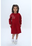Resim Kız Çocuk Baskılı Relax Fit Bisiklet Yaka Düşük Omuz Uzun Kollu Baskılı Elbise Bordo 