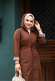Resim Vibeys Collection Kahverengi İçi Çizgili Ve Kapüşonlu Su Geçirmez Kadın Trençkot 
