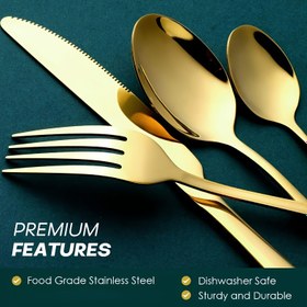 Resim Altın Kaplama Paslanmaz Çelik Çatal Bıçak Takımı - Zarif Kare Tasarım, Dayanıklı & Bulaşık Makinesinde Yıkanabilir, Düğünler, Partiler, Kafeler, Piknikler ve Evde Yemek İçin Mükemmel, Özel Günler İçin İdeal Hediye, Parti Sofra Takımı | Şık Sofra Takımı | Dayanıklı Sofra Takımı 