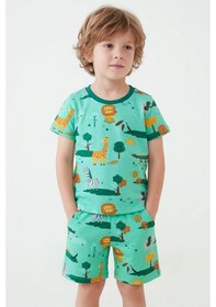 Resim Breeze Erkek Çocuk Şortlu Pijama Takımı Safari Temalı Sevmli Hayvancıklar Desenli 1.5-5 Yaş, Yeşil 